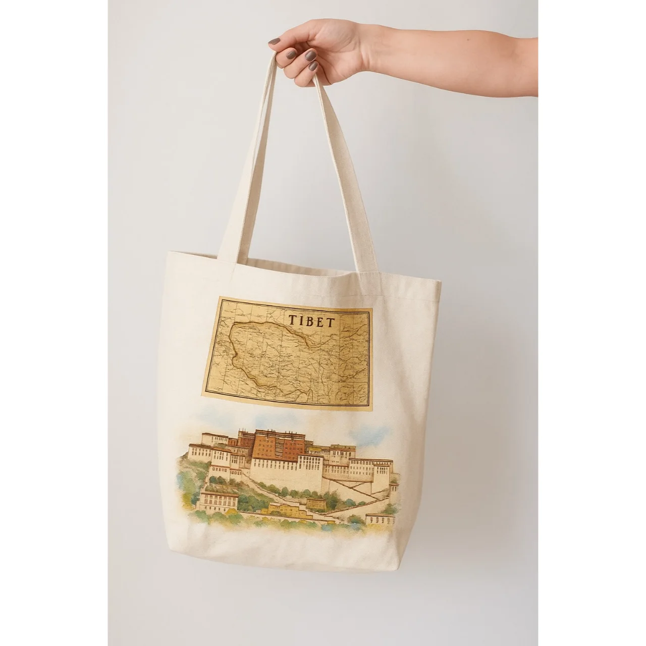 Organic Cotton Tote Bag Potala Palce and Tibet Map Printed