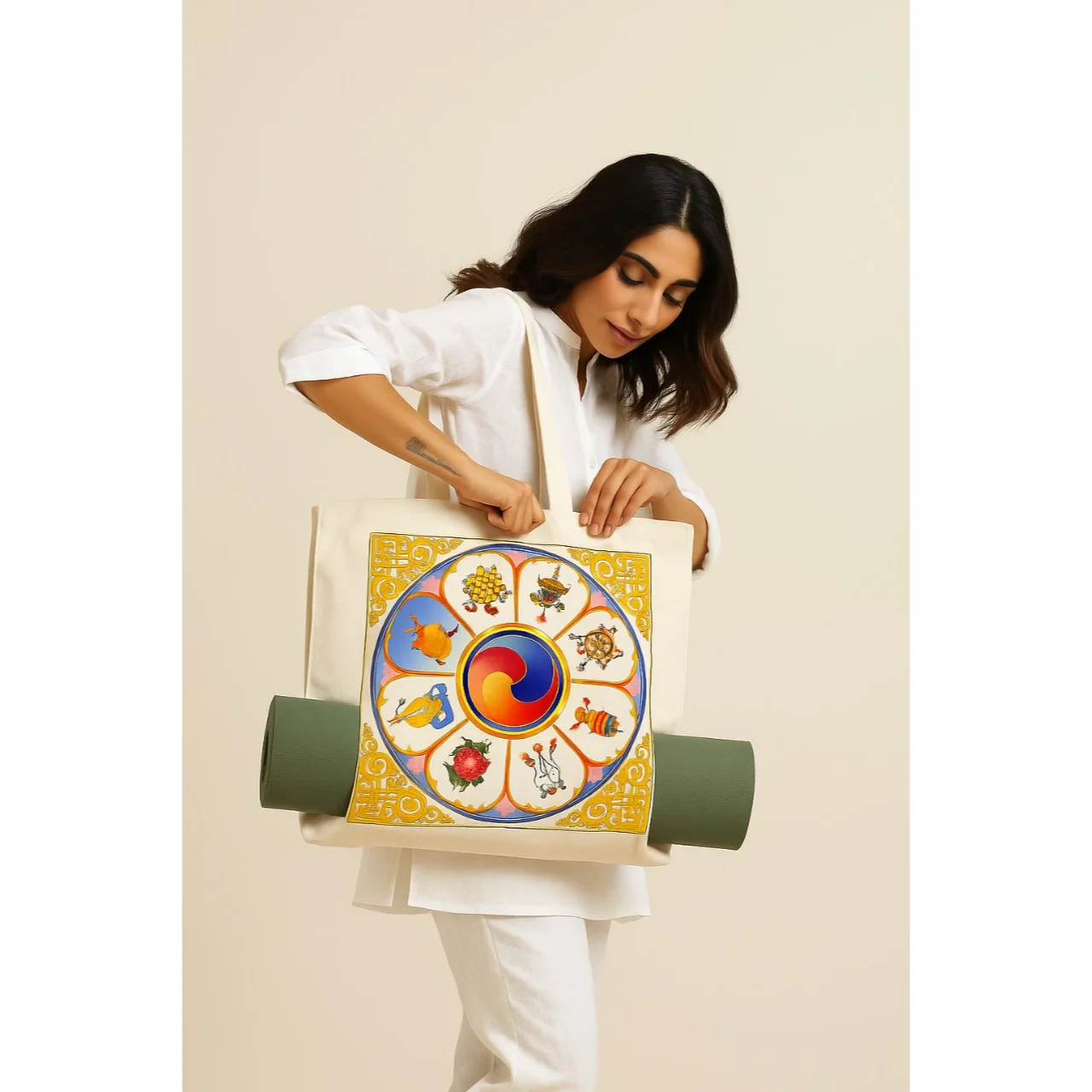 Organic Cotton Tote Bag with Yoga Matt Pocket