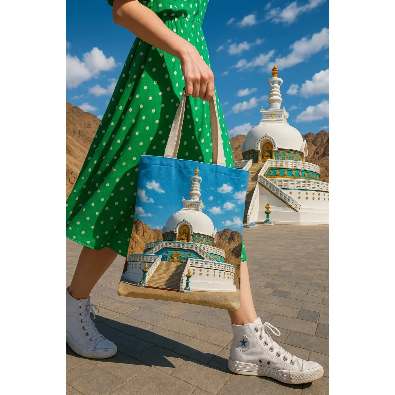 Organic Cotton Tote Bag Tibetan Stupa Print