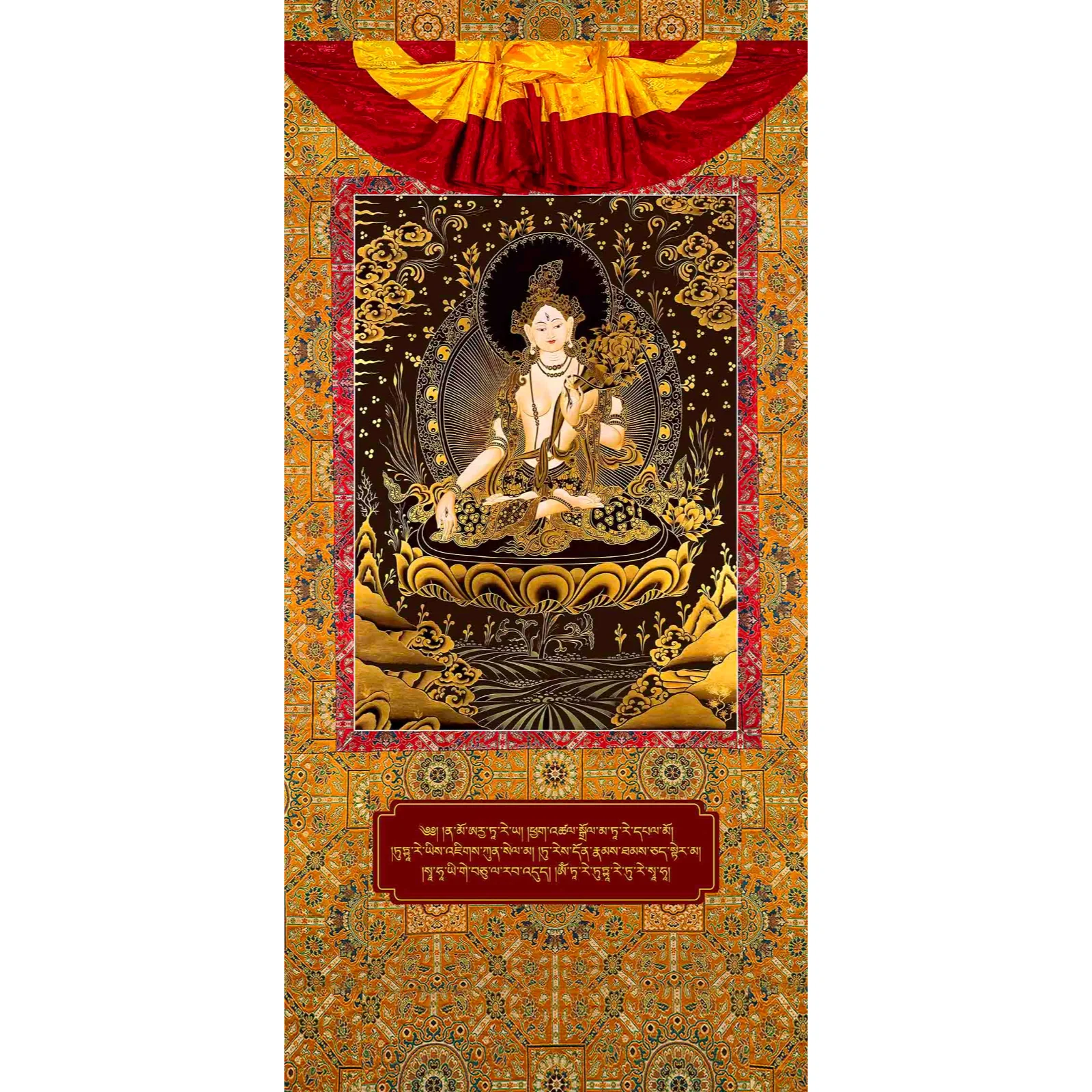 Tibetan Wall Hanging Thangka of White Tara Devi in golden background