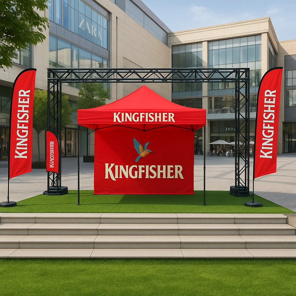 Canopy and Tent with Feather Flags and Welcome Gate Kingfisher