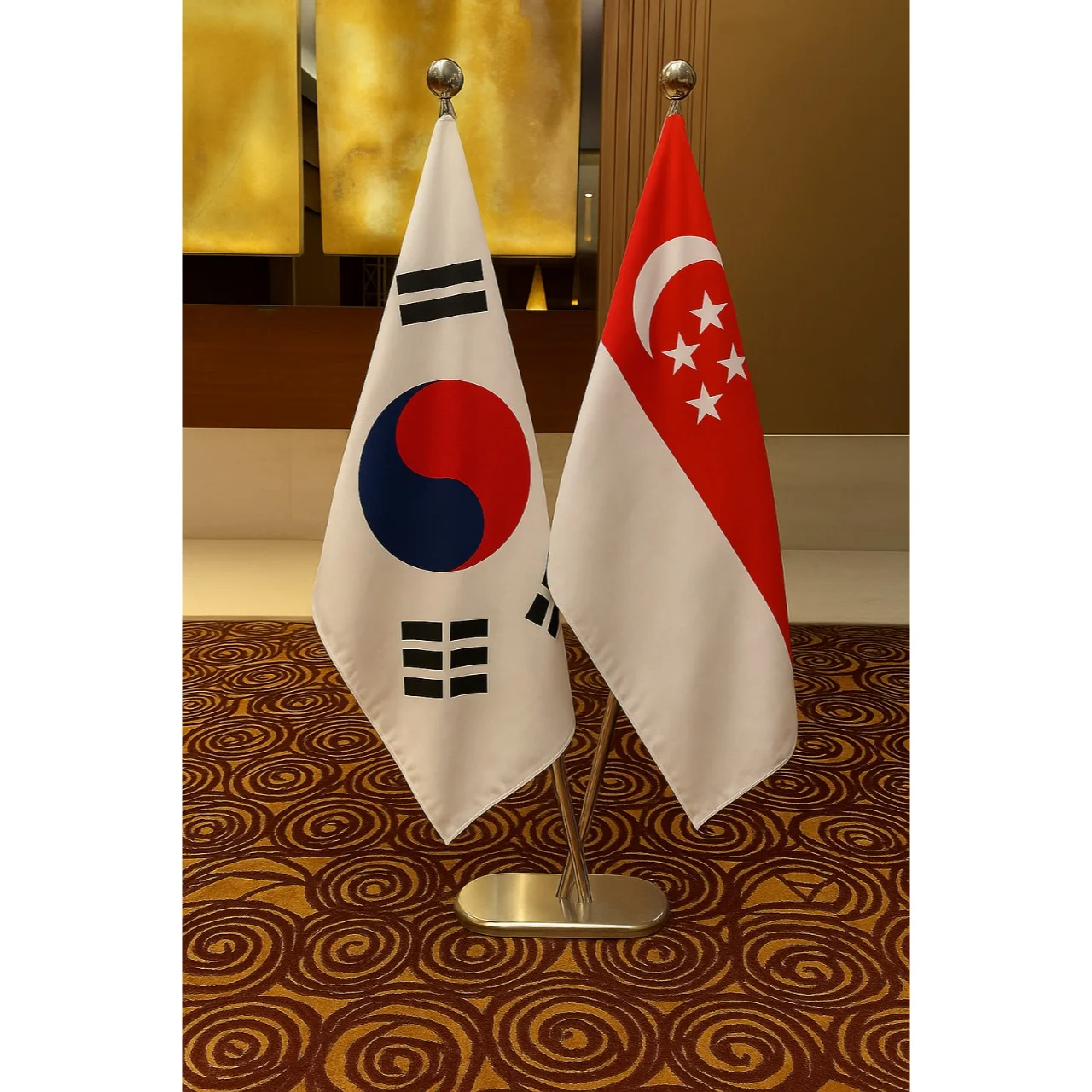 South Korea and Singapore Diplomat Flag Gold Plated Stand and Base (Brass and Stainless Steel also Available)