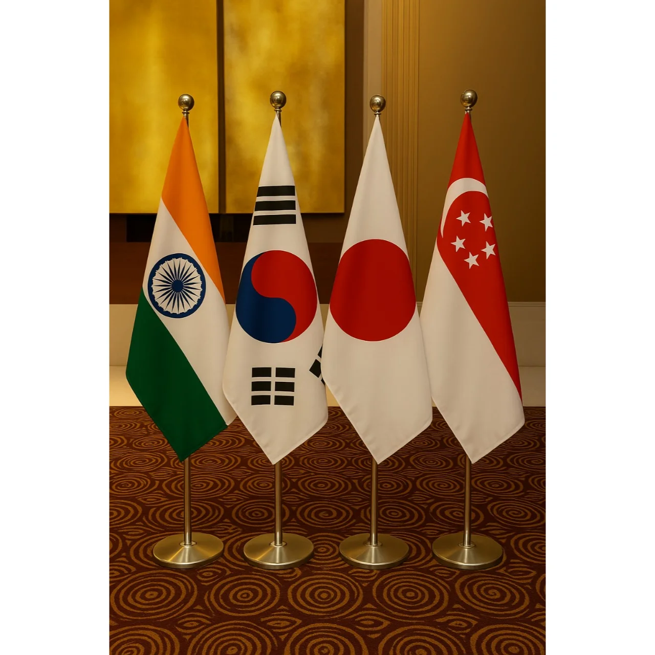 India, Korea, Japan and Singapore Indoor Diplomat flags