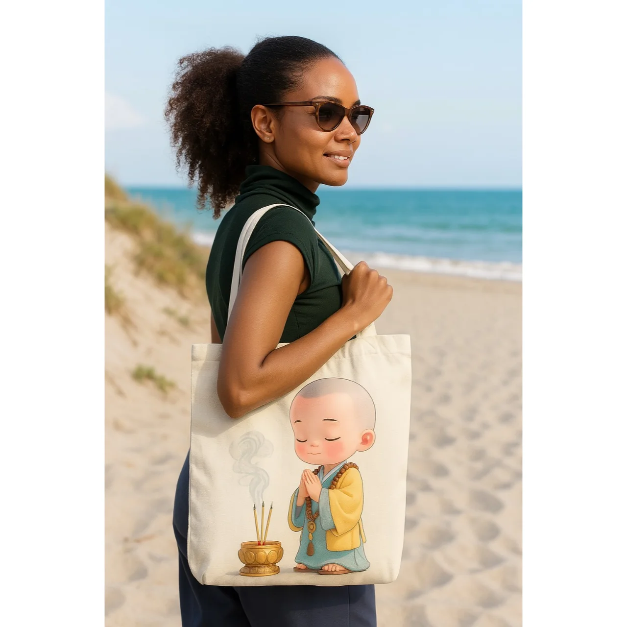 Organic Cotton Tote Bag Little Buddha Praying