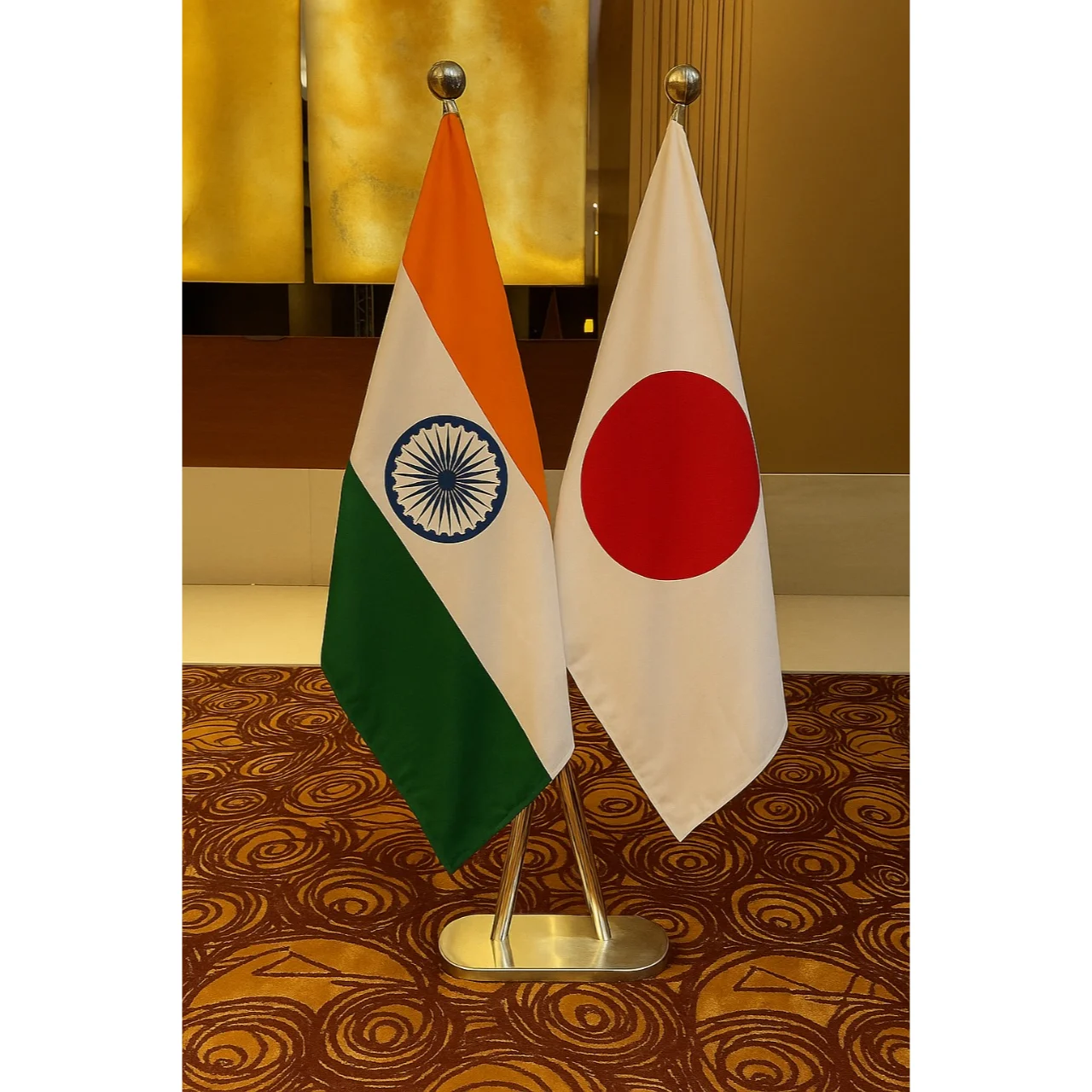 India and Japan Diplomat Flag Gold Plated Stand and Base (Brass and Stainless Steel also Available)