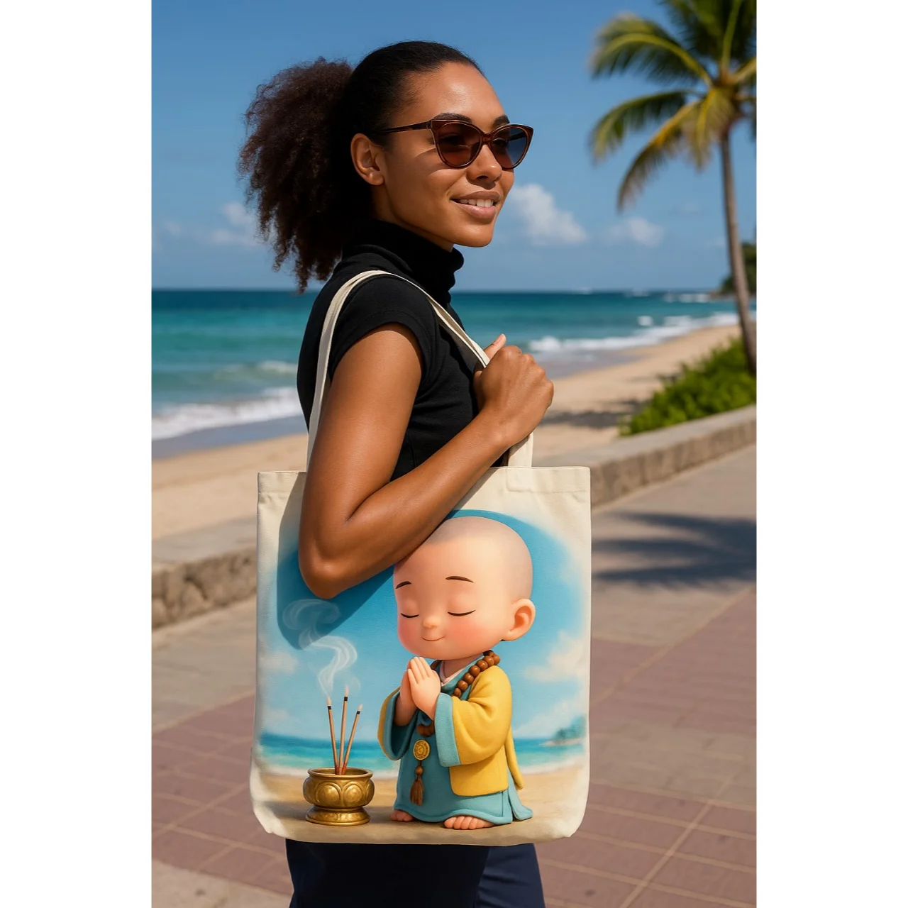 Organic Cotton Tote Bag Little Buddha Praying