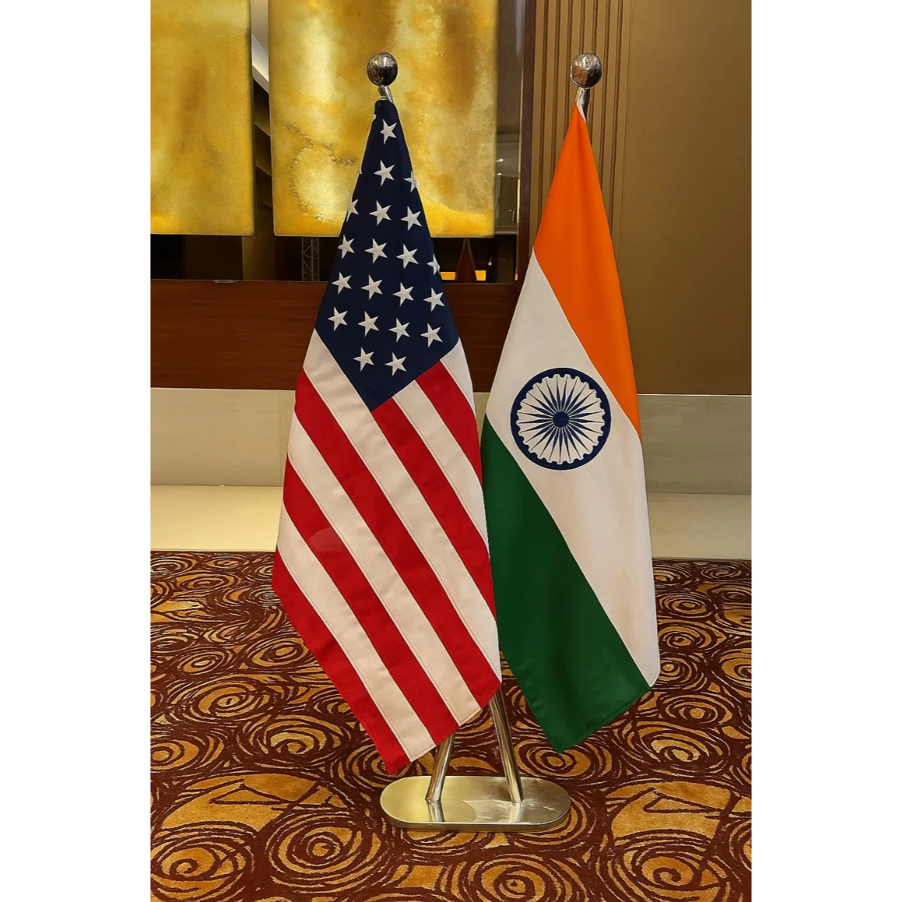 India and USA Diplomat Flag Gold Plated Stand and Base (Brass and Stainless Steel also Available)