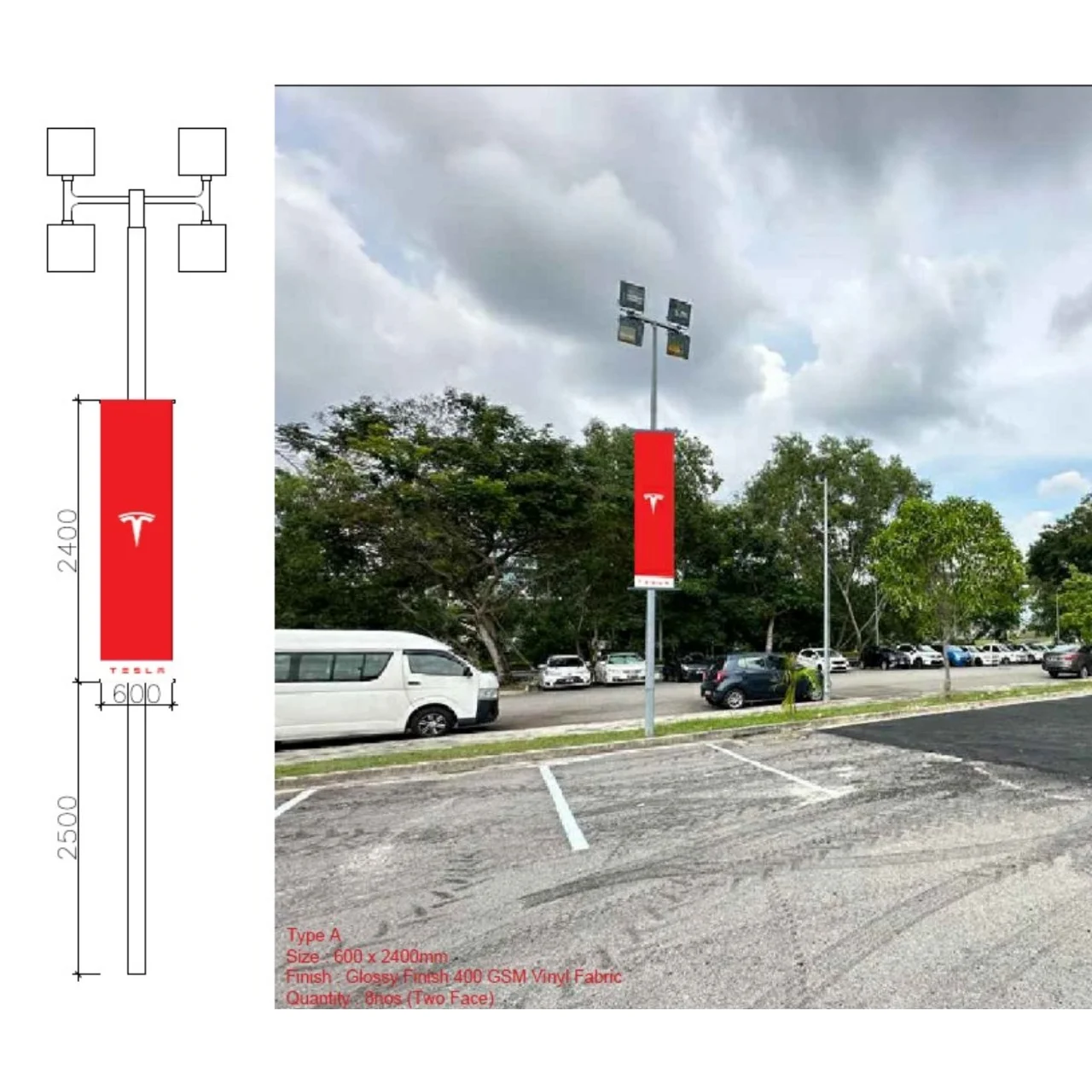Street Pole Flags with Lighting Tesla