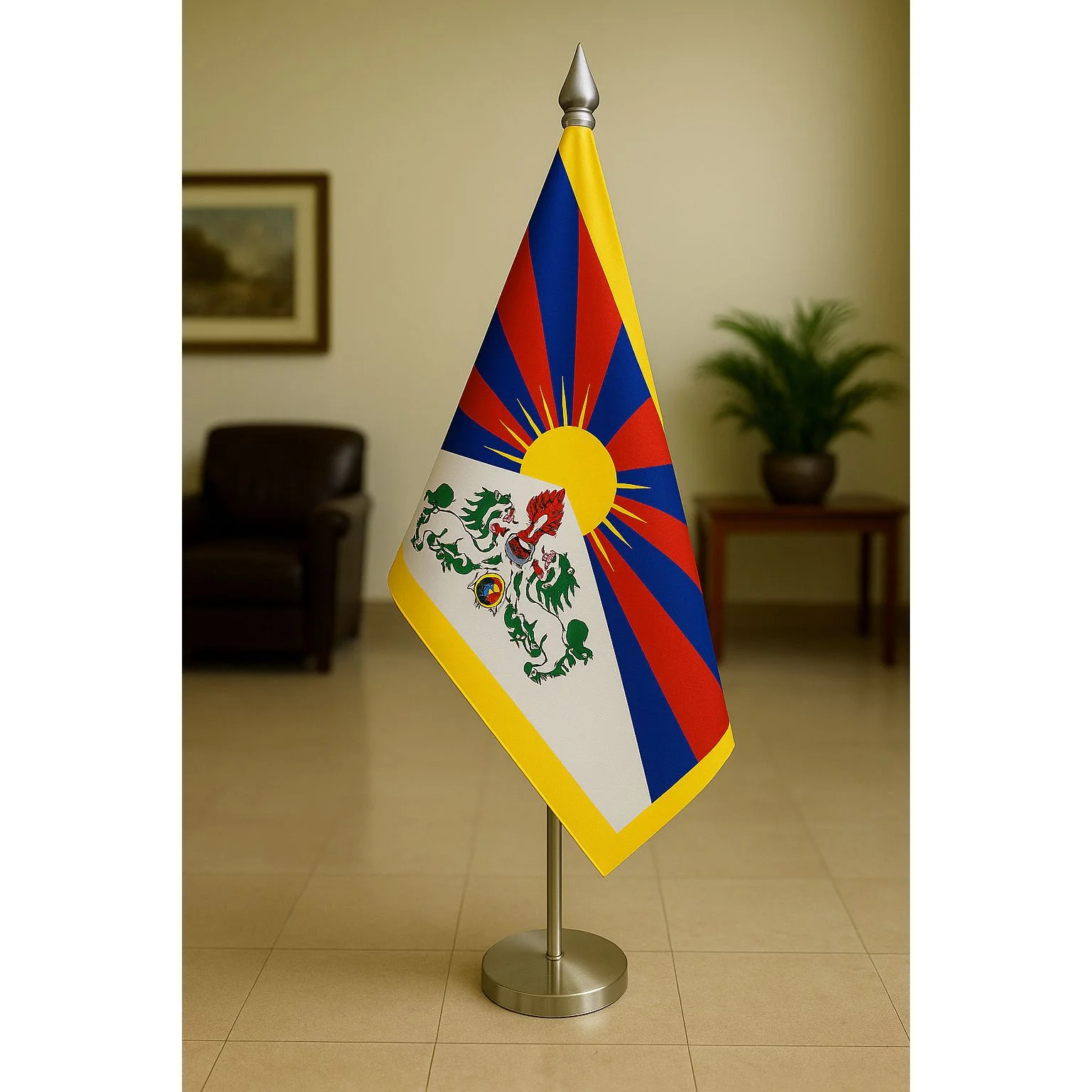 Tibet Diplomat Flag Gold Plated Stand and Base (Brass and Stainless Steel also Available)