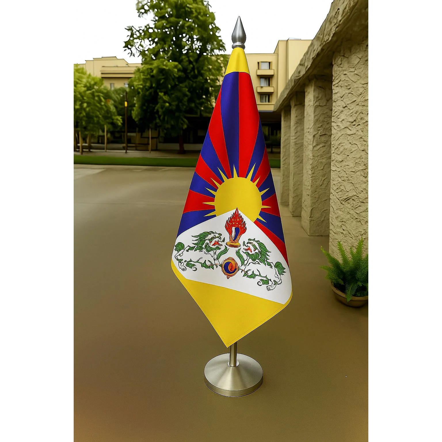 Tibet Diplomat Flag Gold Plated Stand and Base (Brass and Stainless Steel also Available)